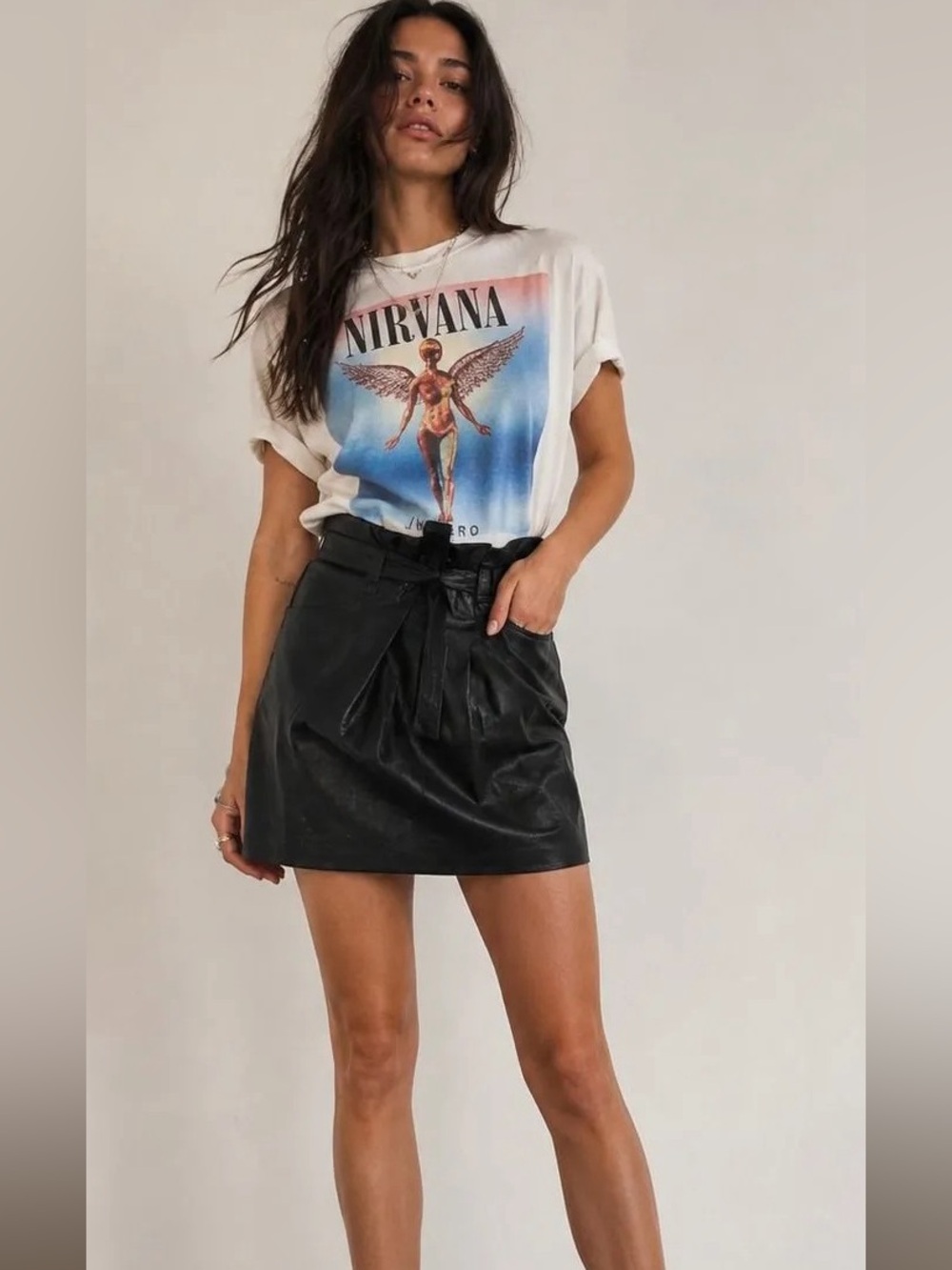 Free People Black Faux Leather Paperbag Mini Skirt with Tie